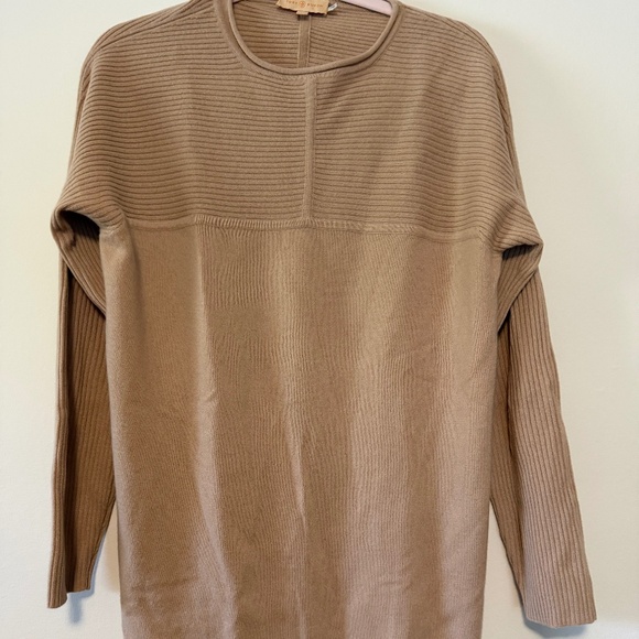 Tory Burch Deanna Cashmere Long Ribbed Sweater Tan XLarge - Picture 1 of 4